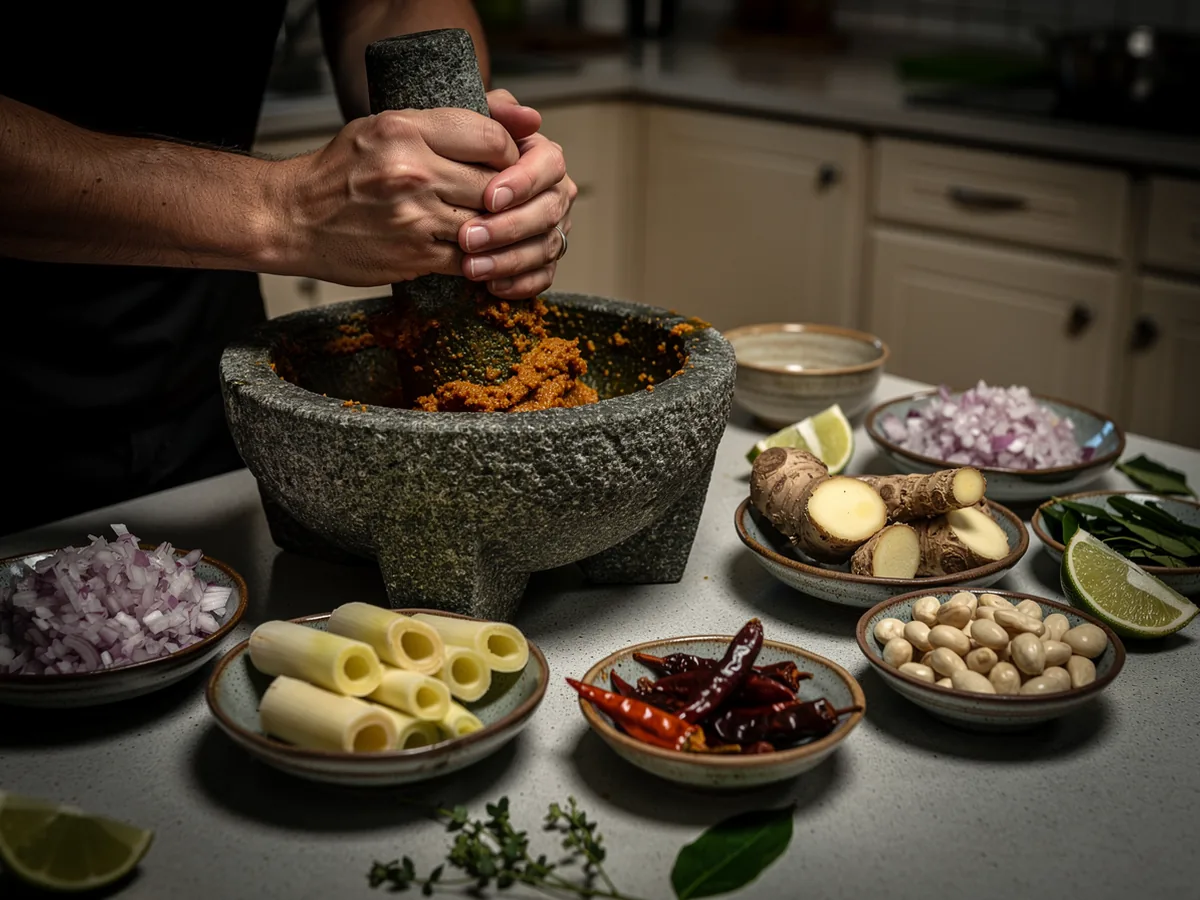Ruky drvia pastu rempah v kamennom mažiari, okolo misky so šalotkou, galangalom a chilli