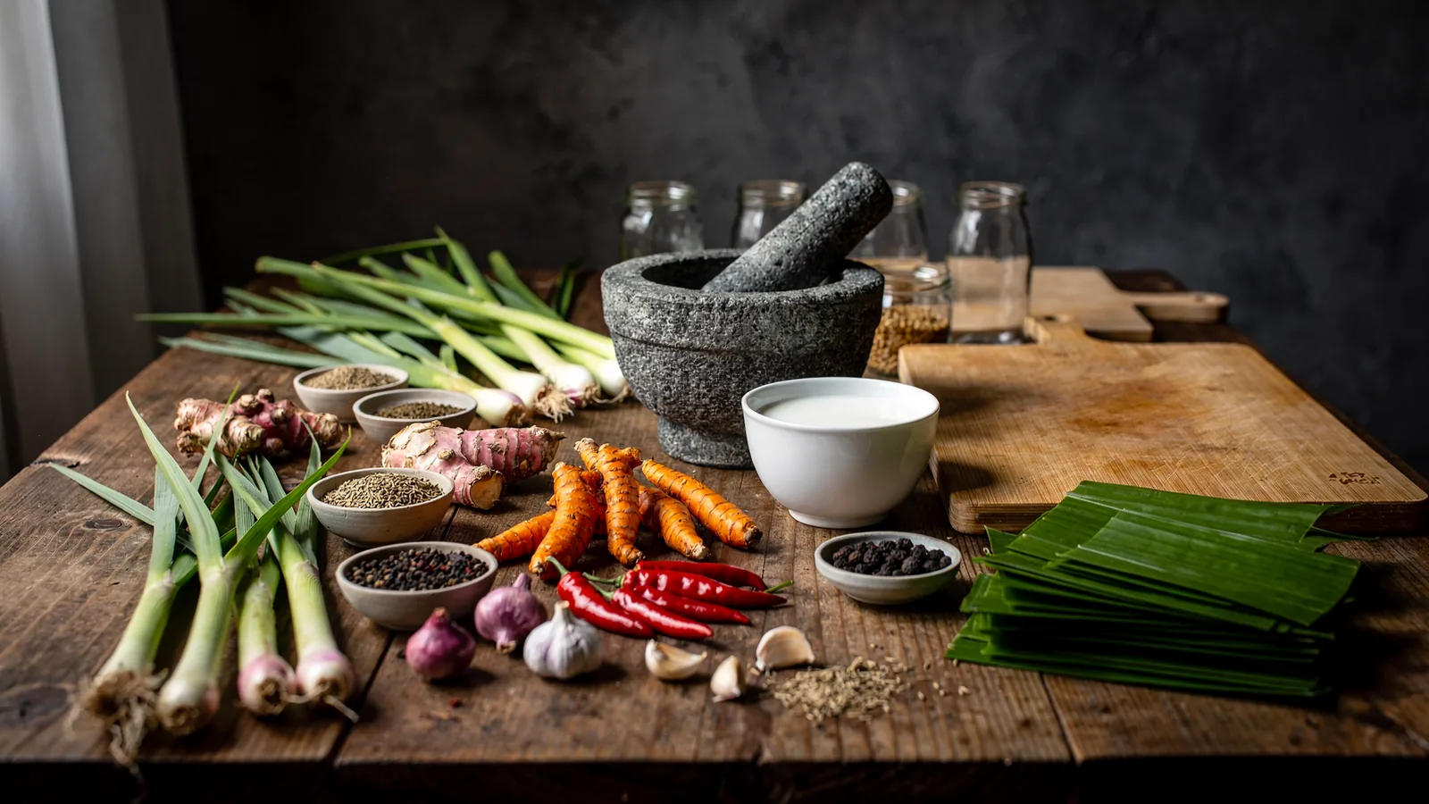 Stôl pripravený na kurz: citrónová tráva, galangal, kurkuma, chilli, šalotka, pandan a kamenný mažiar