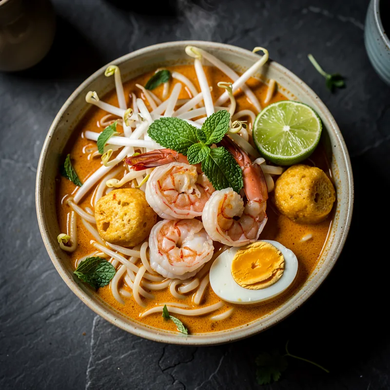 Miska curry laksy s ryžovými rezancami, tofu, krevetami, klíčkami a limetkou
