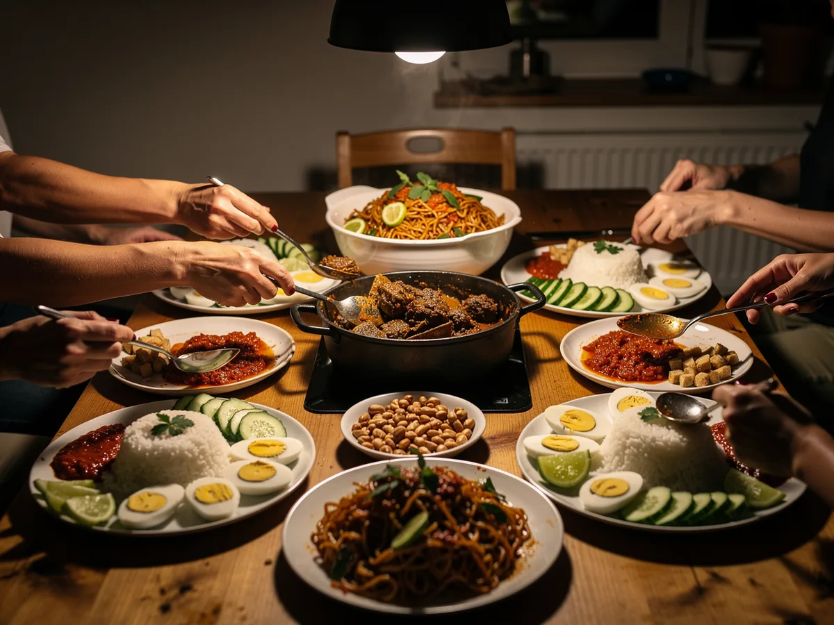 Hotové malajzijské jedlá na spoločnom stole: nasi lemak, rendang a mee goreng